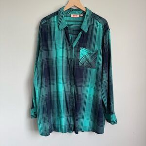 Evri Women's Top Size 2X Flannel Button Up Teal Green Modal Cabincore Cozy